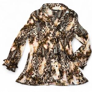Stoni Sheer Animal Print Ruffle Blouse (Size XL)